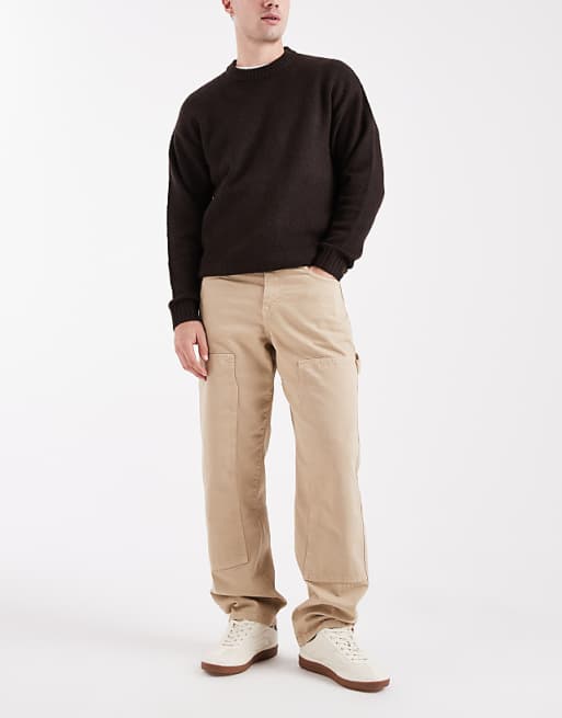 ASOS DESIGN Baggy Trousers In Beige With Carpenter Details