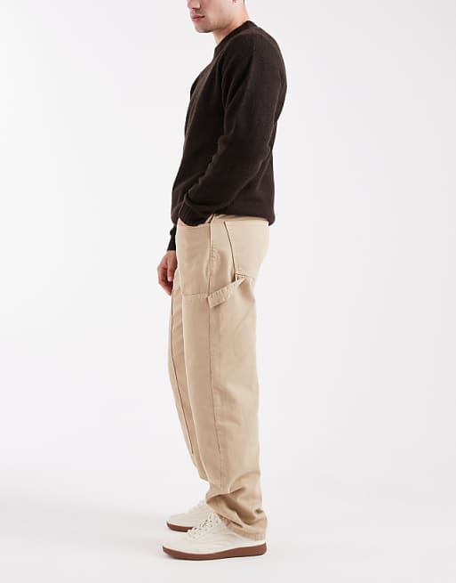 ASOS DESIGN Baggy Trousers In Beige With Carpenter Details