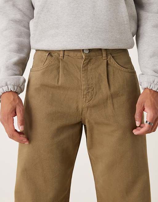 ASOS DESIGN Baggy Trousers In Khaki With Pleats