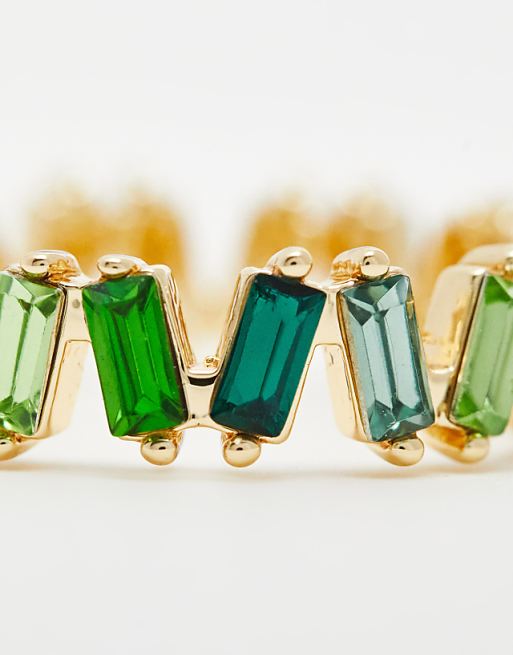 ASOS DESIGN Baguette Ring With Tonal Green Stones In Gold Tone