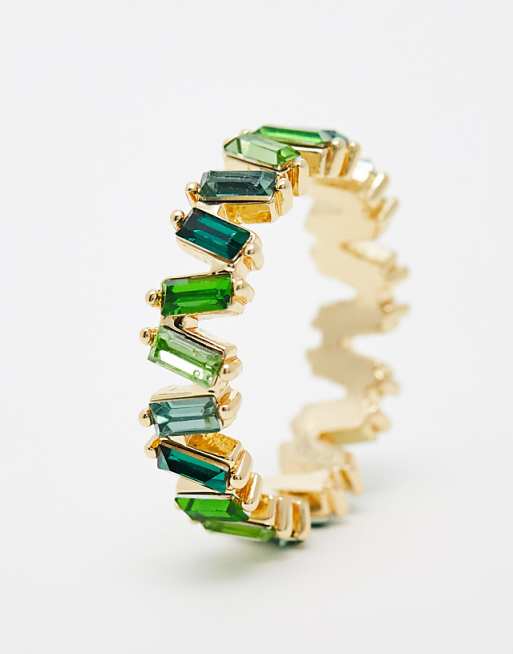 ASOS DESIGN Baguette Ring With Tonal Green Stones In Gold Tone