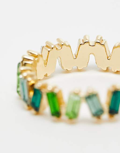 ASOS DESIGN Baguette Ring With Tonal Green Stones In Gold Tone