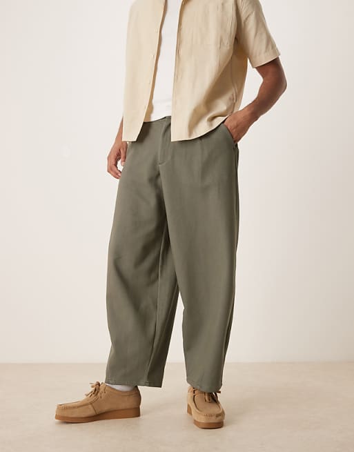 ASOS DESIGN barrel leg twill trousers in khaki
