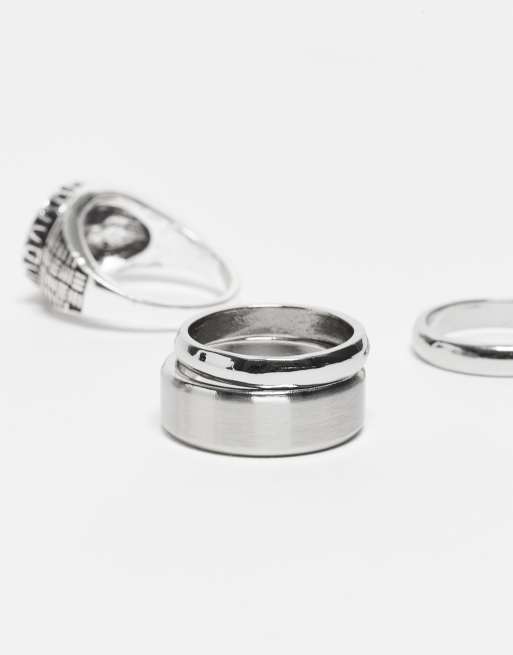 ASOS DESIGN Black Enamel 4 Pack Signets In Silver