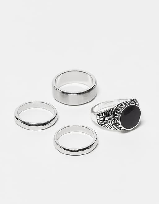 ASOS DESIGN black enamel 4 pack signets in silver