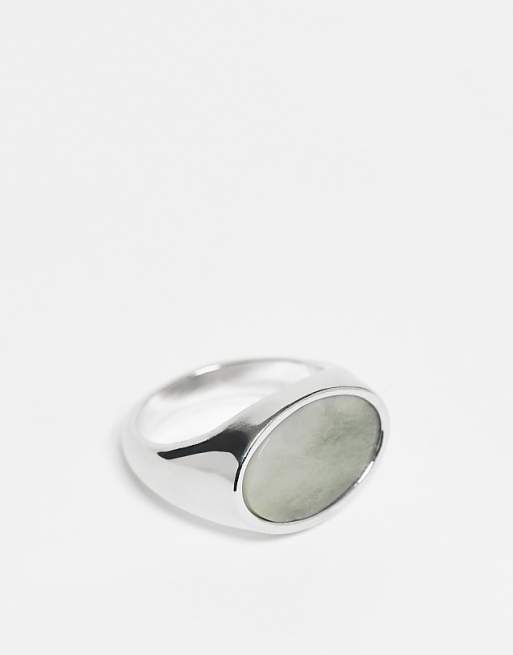 ASOS DESIGN blue jade semi-precious oval stone signet ring in silver tone