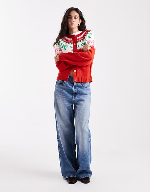 ASOS DESIGN Bow Detail Yoke Cardigan In Red