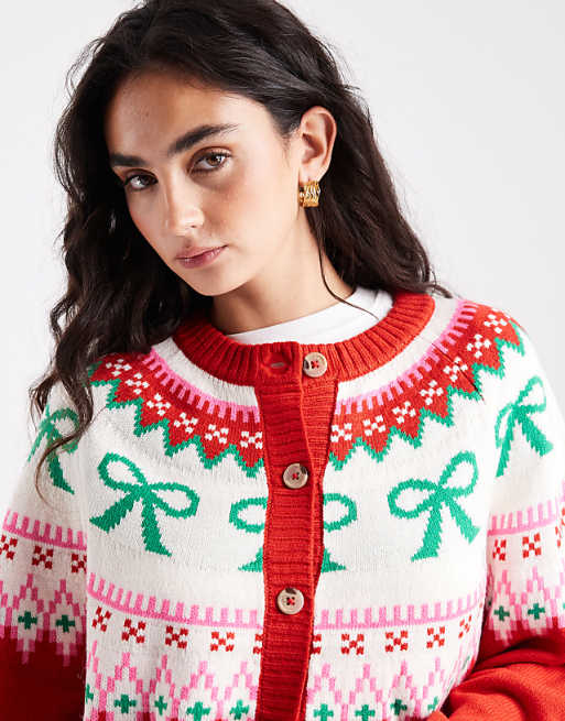 ASOS DESIGN Bow Detail Yoke Cardigan In Red