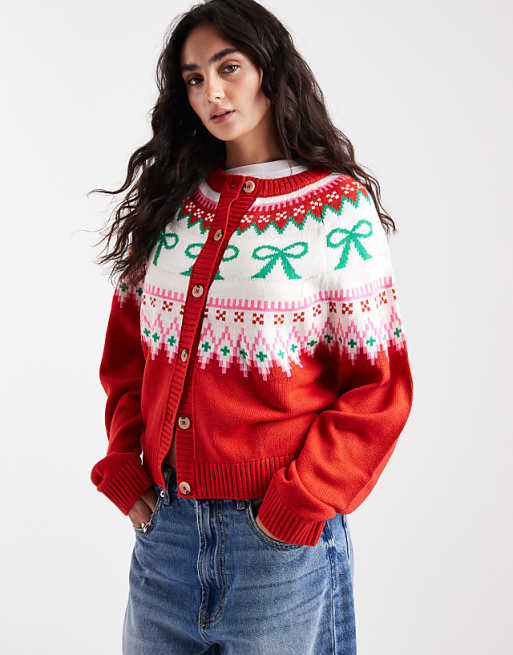ASOS DESIGN bow detail yoke cardigan in red
