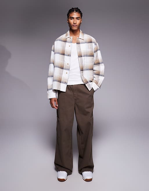 ASOS DESIGN Boxy Checked Overshirt In Beige