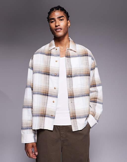 ASOS DESIGN boxy checked overshirt in beige