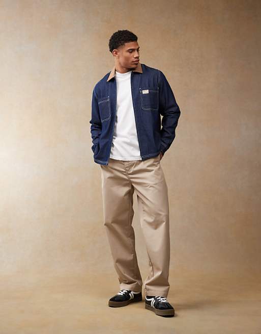 ASOS DESIGN Boxy Crop Denim Regular Shirt With Contrast Collar In Navy