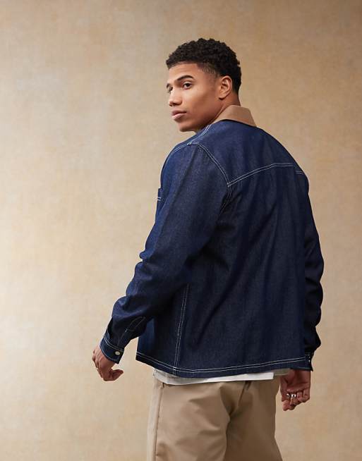 ASOS DESIGN Boxy Crop Denim Regular Shirt With Contrast Collar In Navy