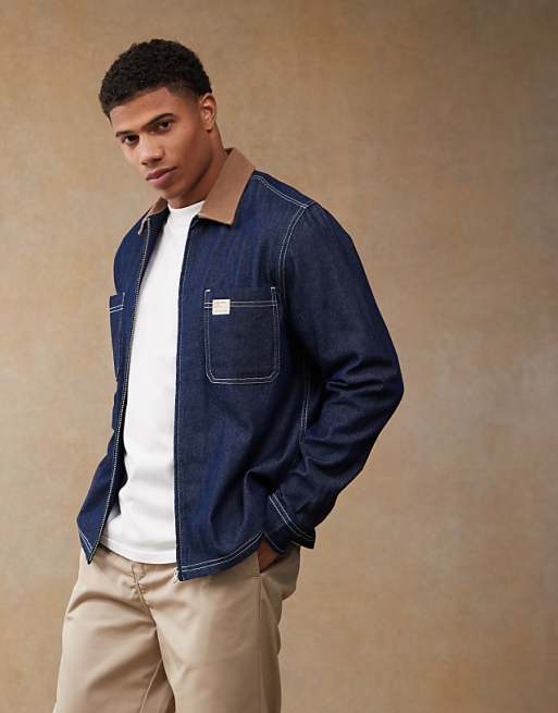 ASOS DESIGN boxy crop denim regular shirt with contrast collar in navy