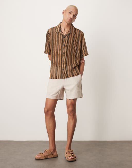 ASOS DESIGN Boxy Deep Revere Crochet Shirt In Brown Stripe