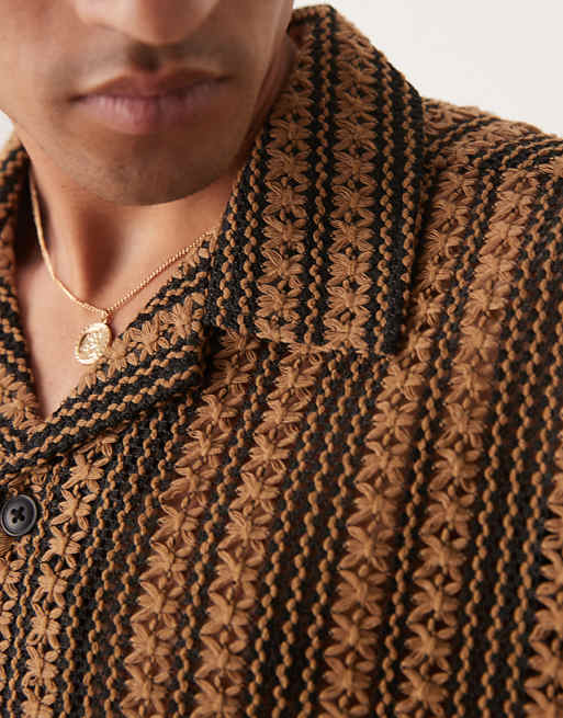 ASOS DESIGN Boxy Deep Revere Crochet Shirt In Brown Stripe