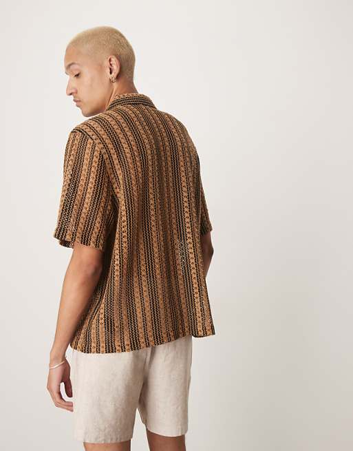 ASOS DESIGN Boxy Deep Revere Crochet Shirt In Brown Stripe