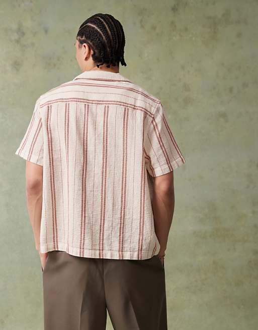 ASOS DESIGN Boxy Deep Revere Shirt In Neutral Stripe