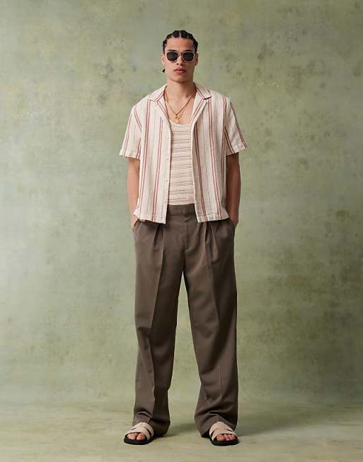ASOS DESIGN Boxy Deep Revere Shirt In Neutral Stripe