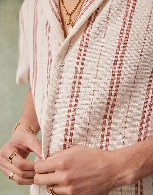ASOS DESIGN Boxy Deep Revere Shirt In Neutral Stripe