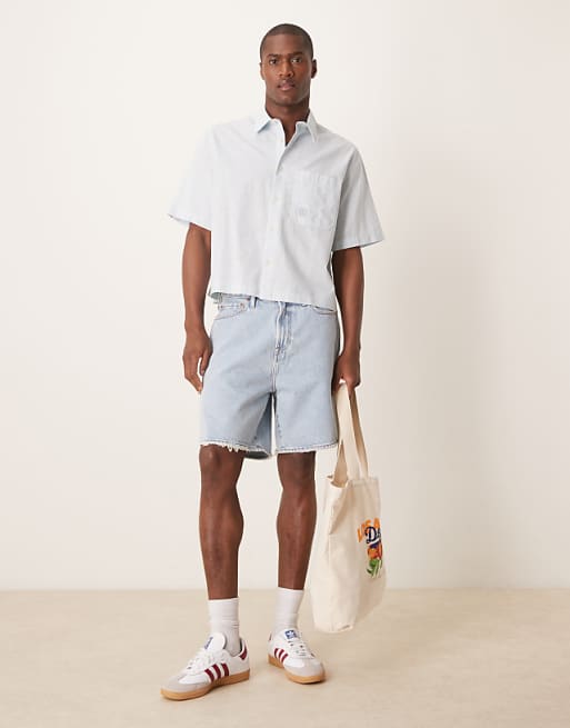 ASOS DESIGN Boxy Linen Blend Shirt With Tonal Chest Embroidery In Blue
