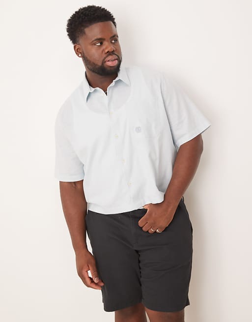 ASOS DESIGN Boxy Linen Blend Shirt With Tonal Chest Embroidery In Blue