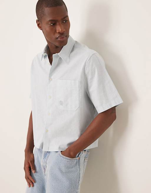 ASOS DESIGN boxy linen blend shirt with tonal chest embroidery in blue