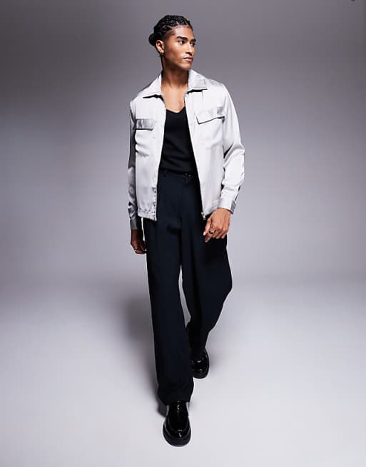 ASOS DESIGN Boxy Overshirt With Patch Pockets And Zip In Grey