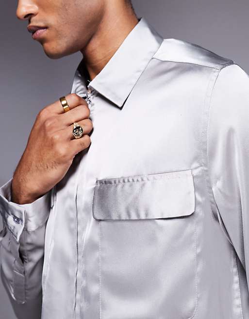 ASOS DESIGN Boxy Overshirt With Patch Pockets And Zip In Grey