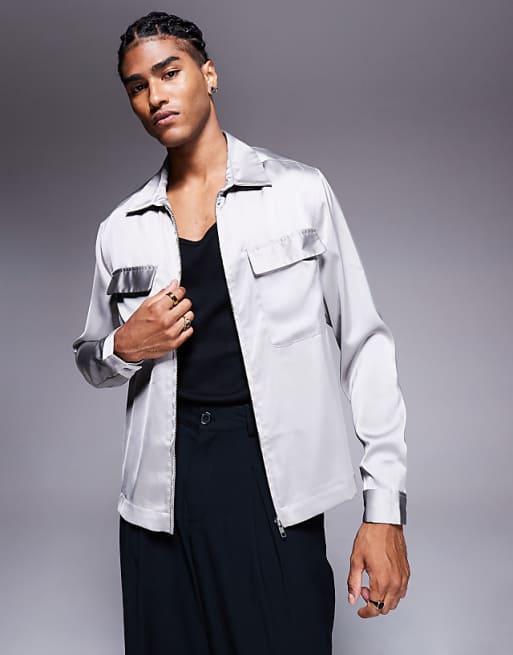 ASOS DESIGN boxy overshirt with patch pockets and zip in grey