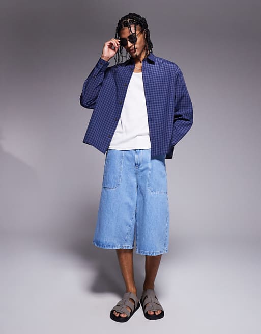 ASOS DESIGN Boxy Oversized Check Shirt In Navy