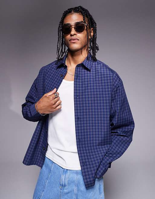 ASOS DESIGN boxy oversized check shirt in navy