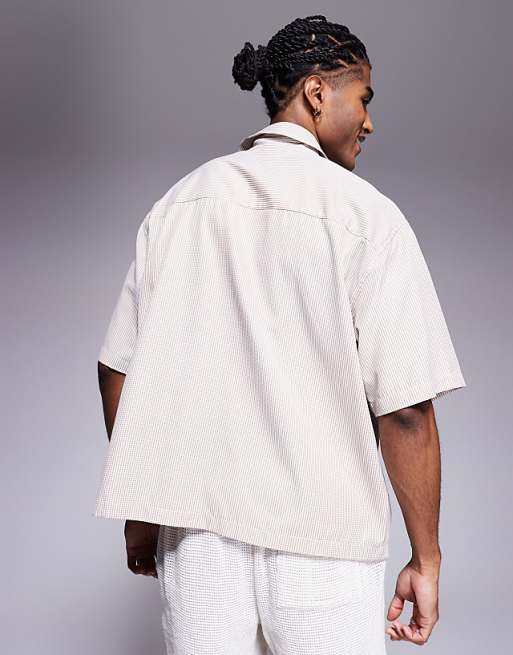 ASOS DESIGN Boxy Oversized Check Shirt With Chest Embroidery In Beige