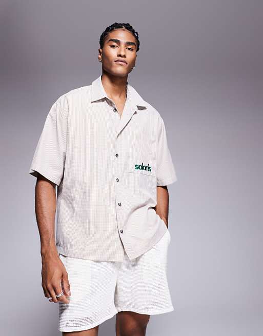 ASOS DESIGN boxy oversized check shirt with chest embroidery in beige