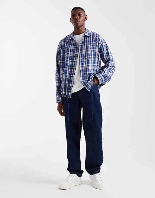 ASOS DESIGN Boxy Oversized Check Shirt With Embroidery In Blue