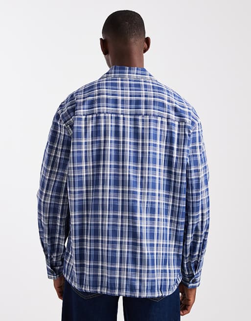 ASOS DESIGN Boxy Oversized Check Shirt With Embroidery In Blue