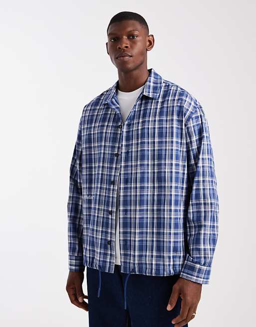 ASOS DESIGN boxy oversized check shirt with embroidery in blue