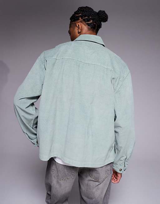 ASOS DESIGN Boxy Oversized Cord Shirt With Badge Detail In Green