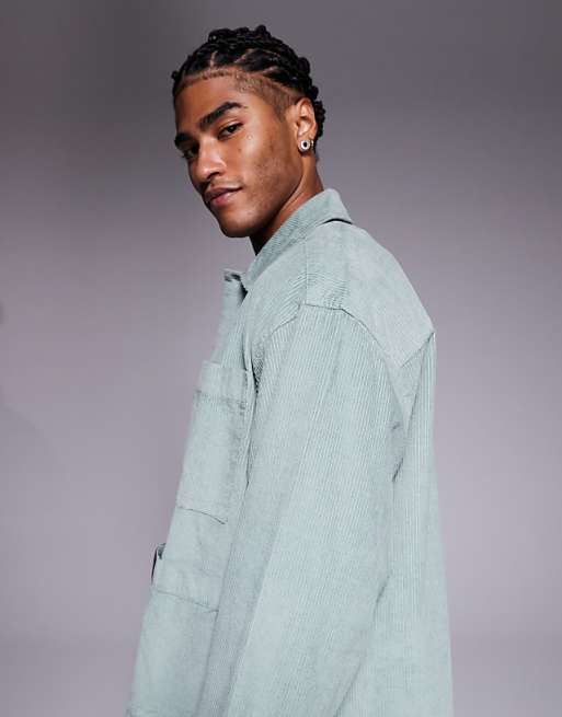 ASOS DESIGN Boxy Oversized Cord Shirt With Badge Detail In Green