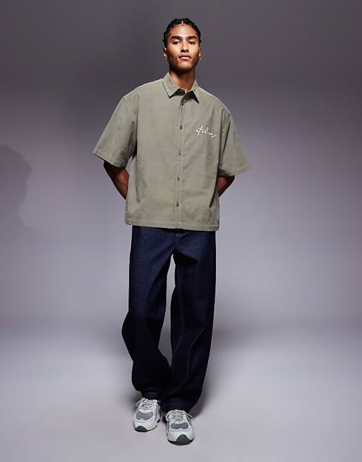 ASOS DESIGN Boxy Oversized Cord Shirt With Chest Embroidery In Khaki