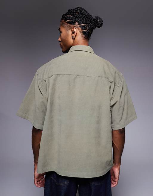 ASOS DESIGN Boxy Oversized Cord Shirt With Chest Embroidery In Khaki