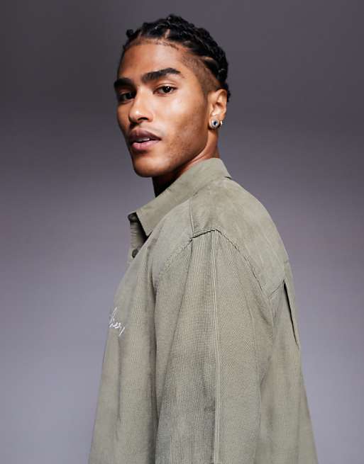 ASOS DESIGN Boxy Oversized Cord Shirt With Chest Embroidery In Khaki