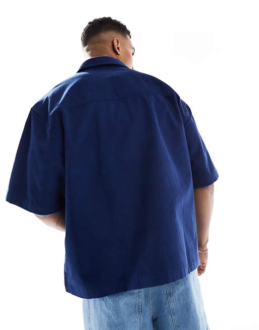 ASOS DESIGN Boxy Oversized Cord Shirt With Chest Embroidery In Navy