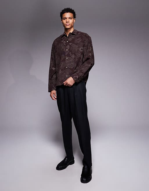 ASOS DESIGN Boxy Oversized Cord Shirt With Floral Print In Brown
