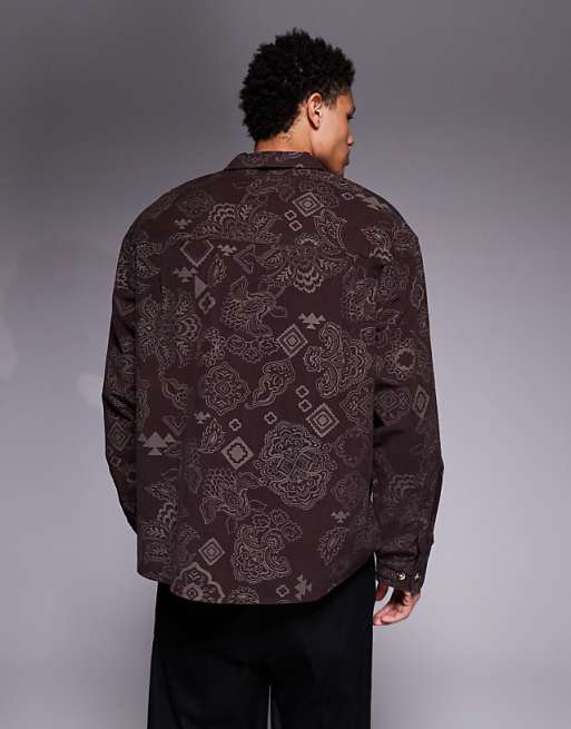 ASOS DESIGN Boxy Oversized Cord Shirt With Floral Print In Brown