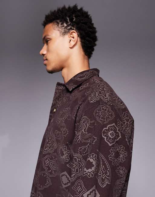 ASOS DESIGN Boxy Oversized Cord Shirt With Floral Print In Brown