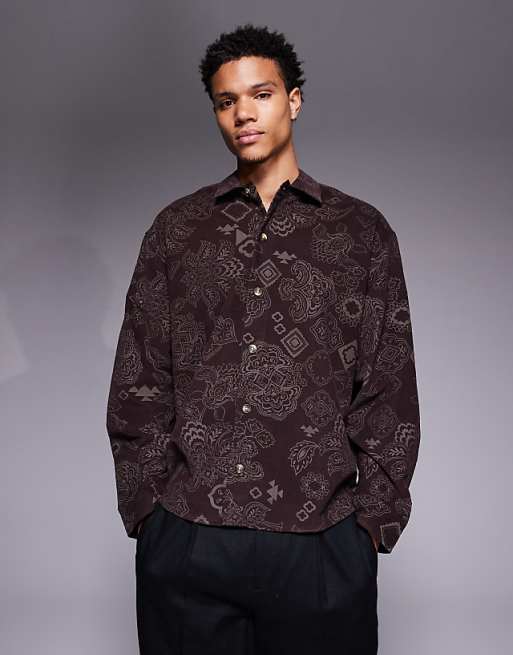 ASOS DESIGN boxy oversized cord shirt with floral print in brown
