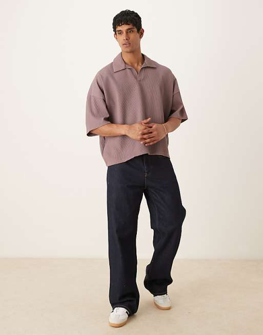 ASOS DESIGN Boxy Oversized Drop Shoulder Plisse Polo In Washed Purple