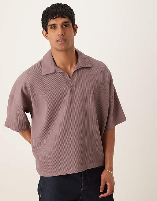 ASOS DESIGN boxy oversized drop shoulder plisse polo in washed purple