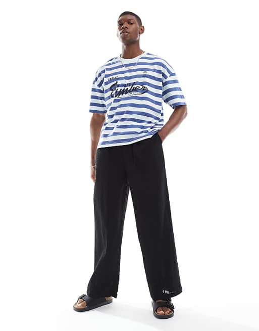 ASOS DESIGN Boxy Oversized Dropped Shoulder Striped T-shirt With Back Print In Blue And White